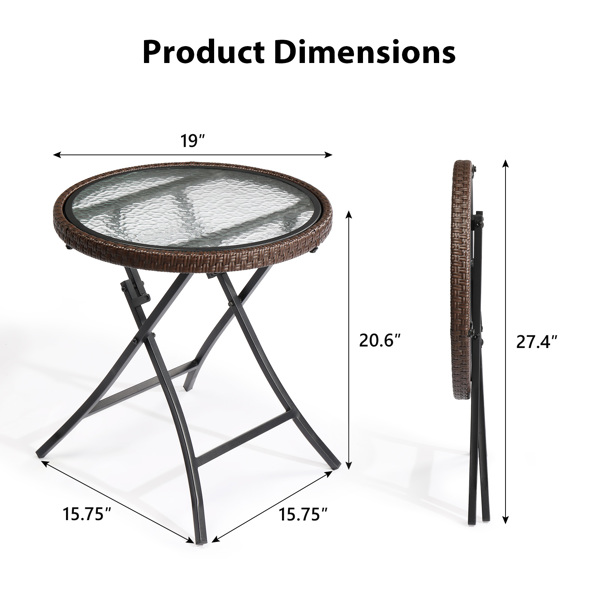 Outdoor Side Table, Round Rattan Patio Side Table, Small Foldable Wicker Table with Tempered Glass Table Top for Lawn Garden Balcony Porch Deck Pool, Brown