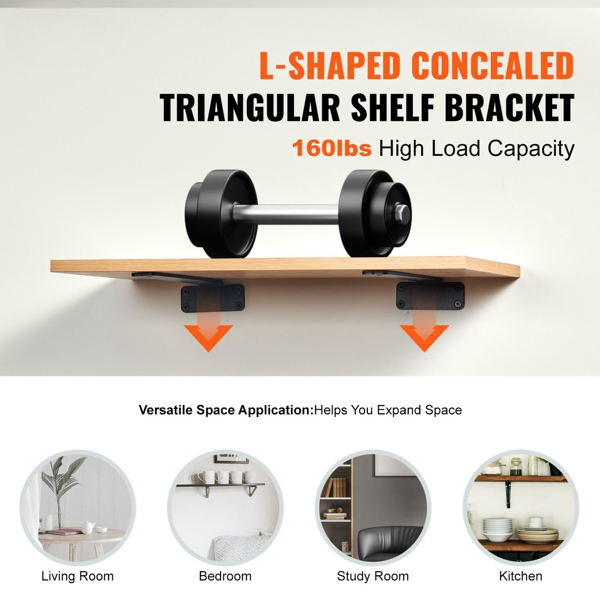 6件套重型L形货架支架，12英寸X 4英寸X 1.6英寸，5mm厚哑光黑钢，容量160磅，适用于浮式货架和家庭存储（周末不发货，禁售亚马逊）-2