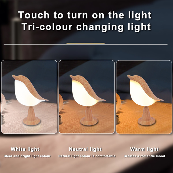 Touch Bird LED Table Lamp Cordless Desk Light 3 Level Brightness 6W USB Charging