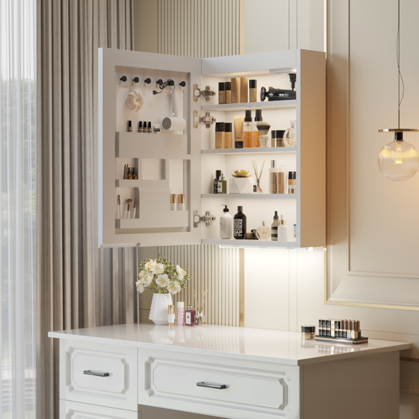 FCH White  LED Mirror Cabinet (20*28 inches), 1 Door, 4 Shelves, with Time & Temperature Display, Three-color Lighting, Adjustable Brightness, Power-off Memory Bottom Atmosphere Light