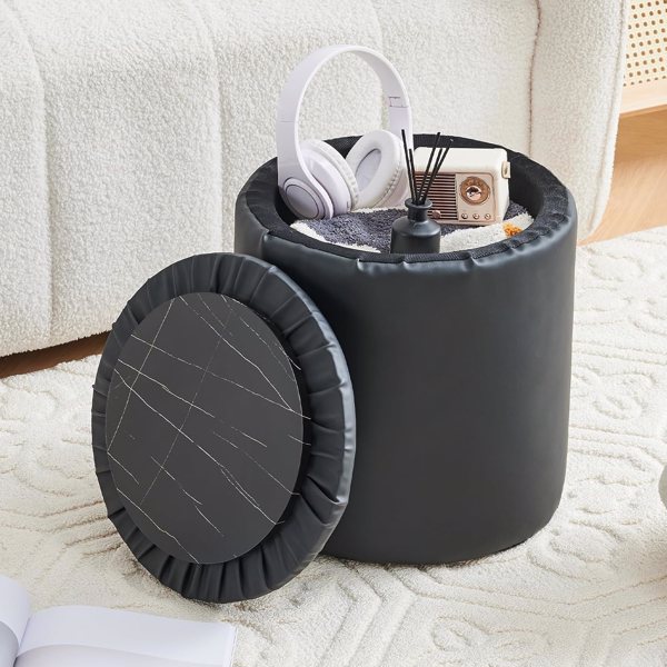 Storage Ottoman Foot Rest Round Footstool Footrest Multifunctional Coffee Table Ottoman with Tray Vanity Stool for Makeup Room Living Room Bedroom（PU Black）