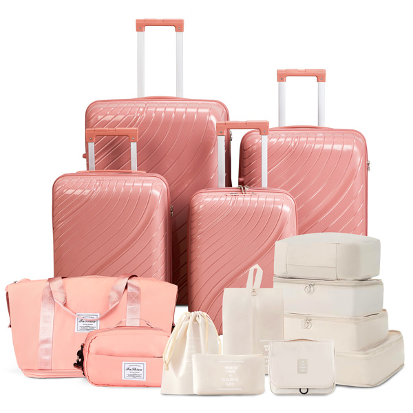 4-Piece Luggage Set with 2-Piece Handbag & 8-Piece Toiletry Kit – Rose Gold PP Suitcase + Beige Travel Accessories