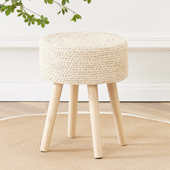 Round Ottoman Footstool Natural Seagrass Foot Stool Pouf Ottomans with Solid Wood Legs Hand Weave Hyacinth Footrest Step Stool for Living Room Balcony Garden Natural（Temu仅自提）