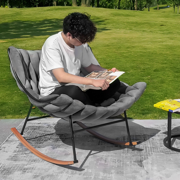 Outdoor Rocking Chair, Patio Egg Rocking Chair, Indoor Papasan Rattan Wicker Lounge Chair for Patio, Porch, Garden, Living Room, Gray