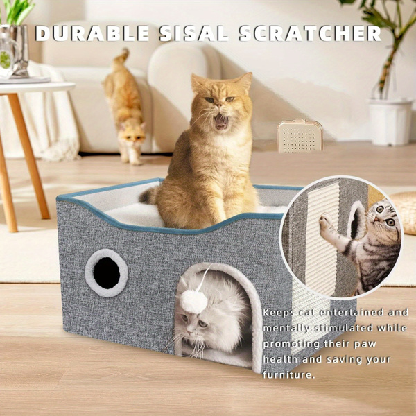 Extra-Wide Cat House for Indoor Cats - Large Cat Cave for Pet Cat House with Fluffy Ball Hanging and Scratch Pad, Foldable Cat Hideaway for Multi Cats(Amazon Logistics bans Wal Mart platform)