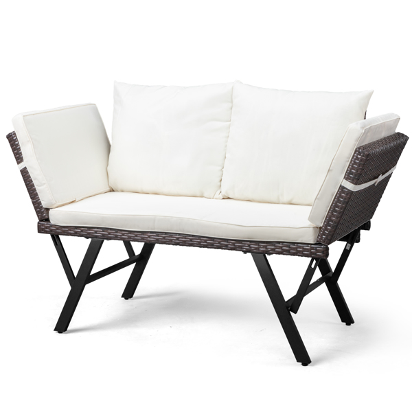Outdoor Sofa, Woven Rattan Patio Furniture, Convertible Daybed or Double Chair with Adjustable Armrests, Cushions and Pillows for Yard Porch Pool, Gray Lounger & Beige Cushion