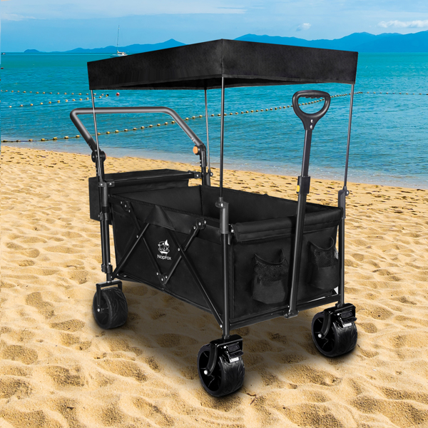 Heavy Duty Collapsible Wagon, Foldable Wagon with Removable Canopy, Foldind Wagon Cart with Wheels for All-Terrain with Brake, for Beach Camping Shopping