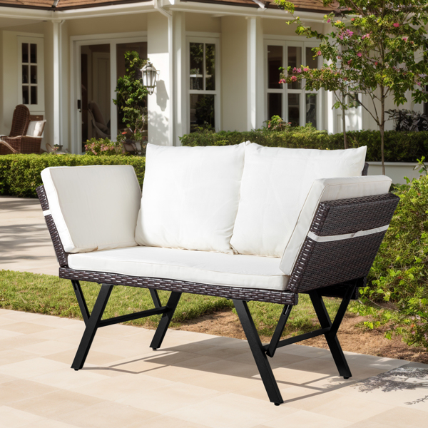 Outdoor Sofa, Woven Rattan Patio Furniture, Convertible Daybed or Double Chair with Adjustable Armrests, Cushions and Pillows for Yard Porch Pool, Gray Lounger & Beige Cushion