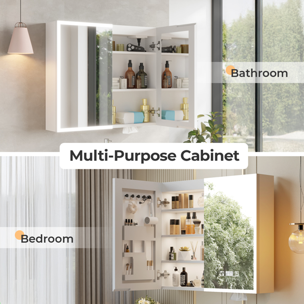 FCH White  LED Mirror Cabinet (32*28 inches), Double Doors, 7 Shelves, with Time & Temperature, Three-tone Lighting, Power-off Memory, Defogging, 