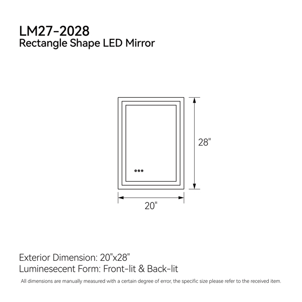 20“x28”LED浴室镜，前照灯和后照灯，3色灯可调，亮度记忆，防雾LED梳妆镜[周末无法发货]-2