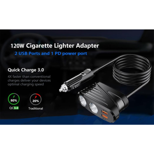 Car Charger 120W 2-Way Cigarette Lighter Splitter 12V Power Adapter Socket Extension With Dual USB
