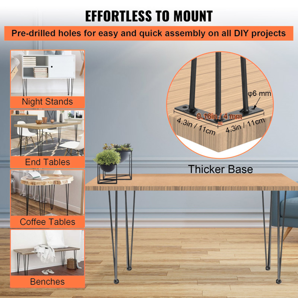 24 Inch Heavy-Duty Hairpin Table Legs 4-Pack - 880 lb Total Capacity (220 lb Each) - 3-Bar Carbon Steel Construction for Dining Table, Long Desk & Chairs - DIY Furniture Legs in Black Matte Finish