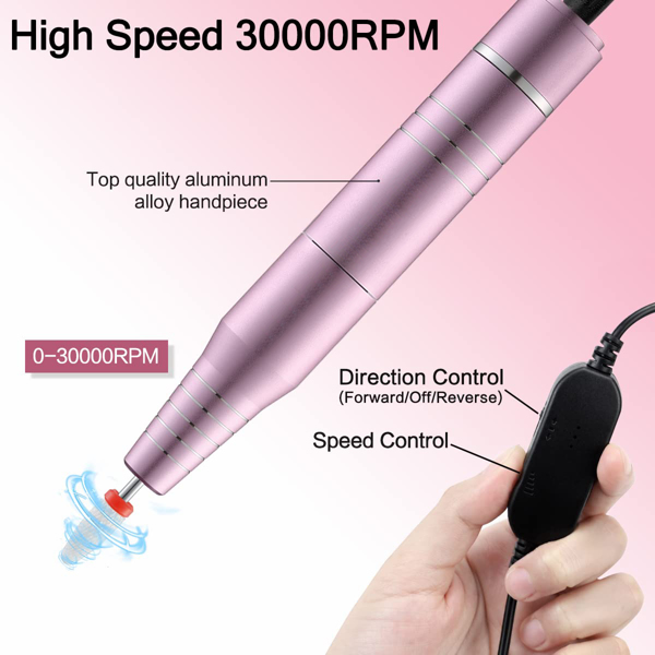 30000rpm USB USB指甲钻机用于丙烯酸指甲凝胶抛光磨制平滑愈伤组织修指甲机甲美术沙龙设备（粉红色）-2