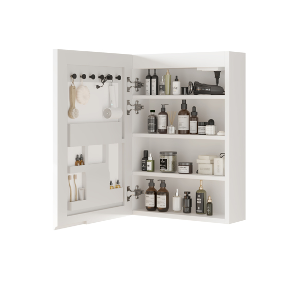 FCH White  LED Mirror Cabinet (20*28 inches), 1 Door, 4 Shelves, with Time & Temperature Display, Three-color Lighting, Adjustable Brightness, Power-off Memory Bottom Atmosphere Light