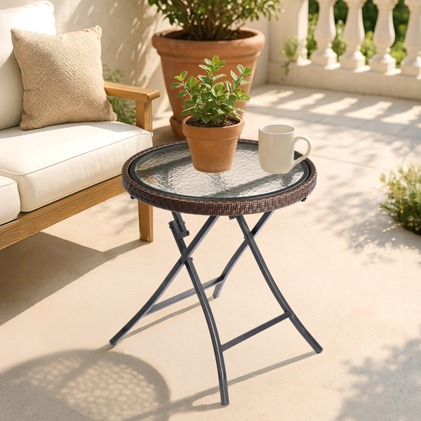 Outdoor Side Table, Round Rattan Patio Side Table, Small Foldable Wicker Table with Tempered Glass Table Top for Lawn Garden Balcony Porch Deck Pool, Brown