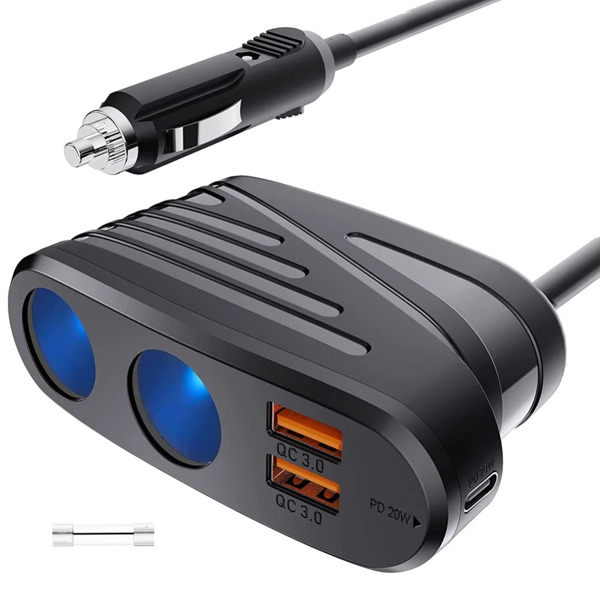 Car Charger 120W 2-Way Cigarette Lighter Splitter 12V Power Adapter Socket Extension With Dual USB