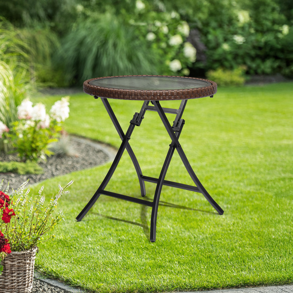 Outdoor Side Table, Round Rattan Patio Side Table, Small Foldable Wicker Table with Tempered Glass Table Top for Lawn Garden Balcony Porch Deck Pool, Brown