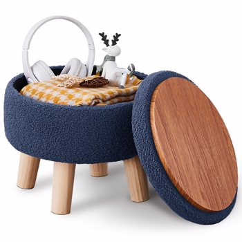 Storage Ottoman, Modern Round Footrest with Soft Padded Seat, Teddy Velvet Footstool with Wood Legs, Accent Small Table or Plant Stand for Hallway, Living Room (Grey-Blue)（Temu仅自提）