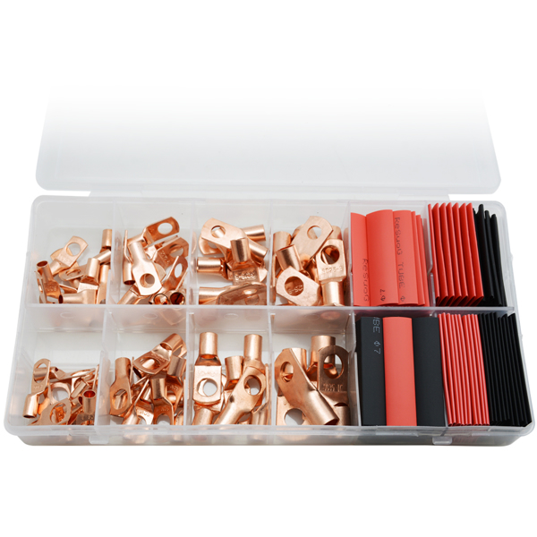 150Pcs Copper Wire Terminal Connectors, AWG 2 4 6 8 10 Copper Wire Lugs with Heat Shrink Set, 70Pcs Copper Wire Lugs and 80pcs Heat Shrink Tubing