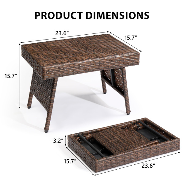 Outdoor Folding Side Table, Patio Rattan Coffee Table with PE Wicker & High-Duty Steel Frame for Garden Courtyard Poolside, Brown