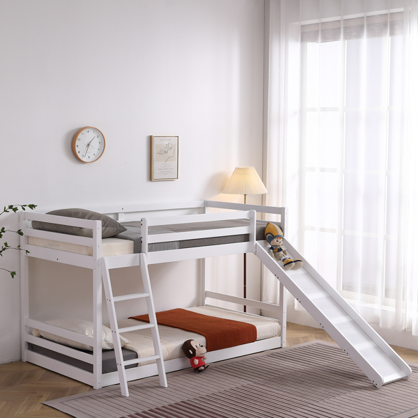 Elevated Cross Guard Rail with Slide Twin Pine Wooden Bed White