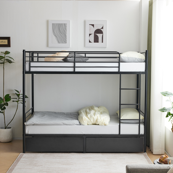 Twin Over Twin Bunk Bed with Two Storage Drawers & Full-Length Guard Rail, Heavy Duty Metal Bunk Bed for Kids Teens Adults, Black
