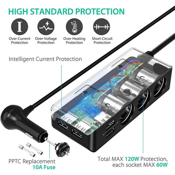 Car Charger Splitter 200W 3 Socket Cigarette Lighter Adapter with PD30W USB-C Multi USB Car Charger DC Outlet