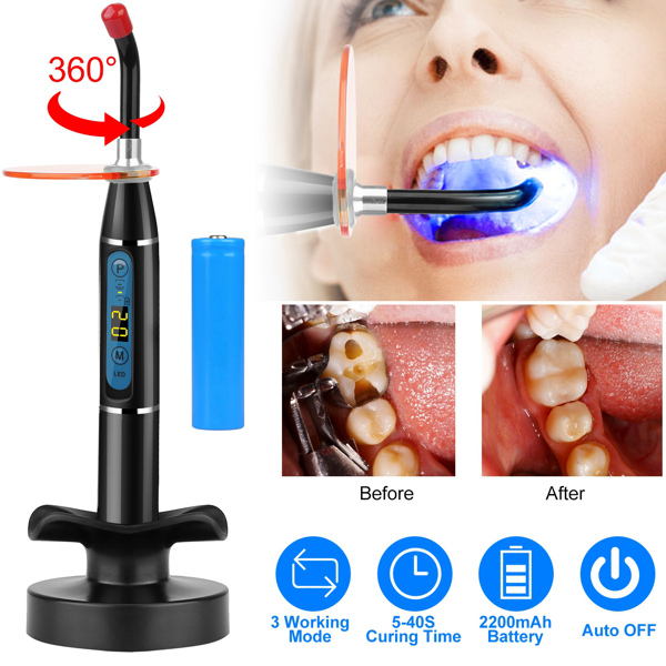 Cordless dental LED curing light features constant high light output for fast and smooth resin material curing including composites and sealants.