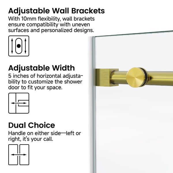 60*66“固定和滑动淋浴门，圆管五金件，透明玻璃淋浴门，3/8”（10mm）SGCC钢化玻璃，不锈钢[周末无法发货+LTL]-3