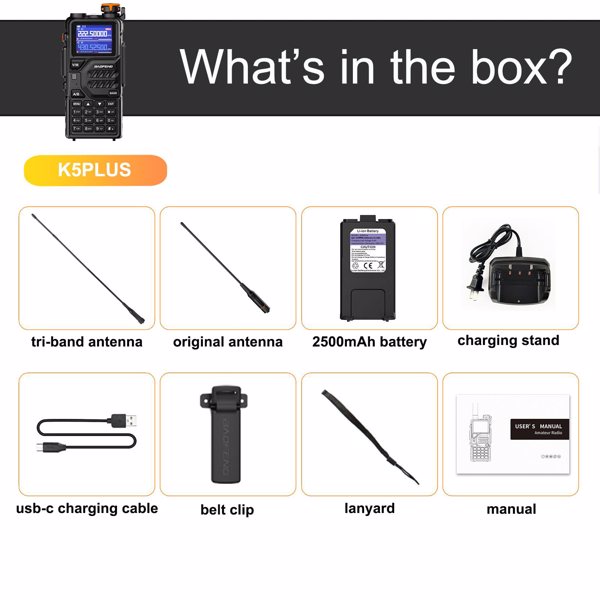 BAOFENG  K5 Plus Portable Ham Radio Long Range Tri Band High Power Baofeng Ham Radio One Touch Frequency Search NOAA USB-C Chirp（1PCS）