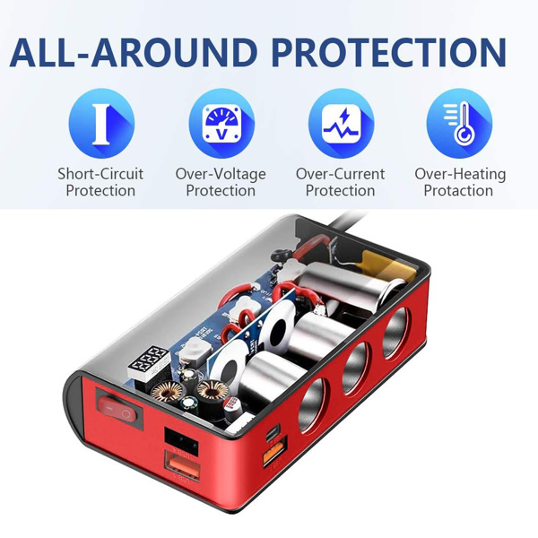 7 in 1 Cigarette Lighter Splitter 180W Car Charger Adapter with 3 sockets 12V/24V Max 6.6A 4-Port Fast Charge USB Outlet, Independent On/Off Switches & Voltage Display