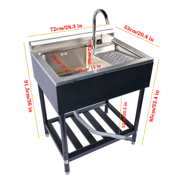 A1-28.3in不锈钢水槽 23.8” Stainless Steel Utility Sink Laundry Tub Sink with Cold and Hot Water Faucet for Laundry Room Kitchen, Left Sink, Right Wash, silver+Black w/ water faucet -5
