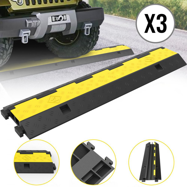 3 Pack Heavy Duty Cable Protectors, 2 Channel Design, 11000lbs Capacity, for Wire, Hose, and Cord Protection on Floor, Driveway, and Speed Bump Areas