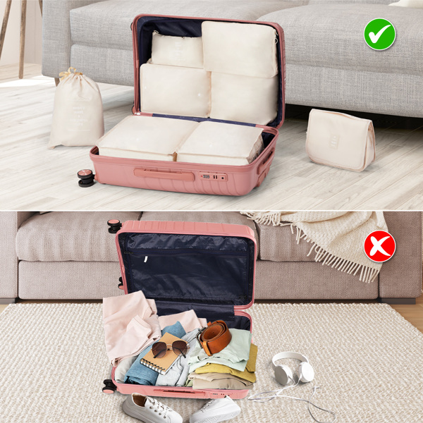 4-Piece Luggage Set with 2-Piece Handbag & 8-Piece Toiletry Kit – Rose Gold PP Suitcase + Beige Travel Accessories