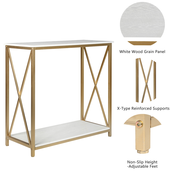 2-Tier Console Table, Gold Sofa Entry Table with White Top and Gold Metal Frame for Home