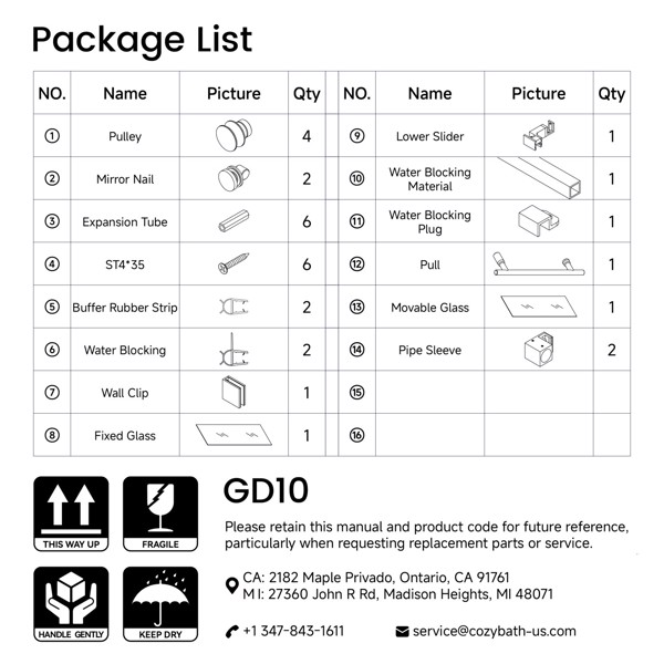 66*76“固定和滑动淋浴门，圆管五金件，透明玻璃淋浴门，3/8”（10mm）SGCC钢化玻璃，不锈钢[周末无法发货+LTL]-9