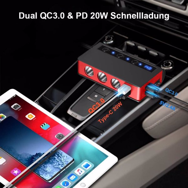 7 in 1 Cigarette Lighter Splitter 180W Car Charger Adapter with 3 sockets 12V/24V Max 6.6A 4-Port Fast Charge USB Outlet, Independent On/Off Switches & Voltage Display