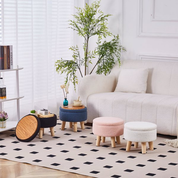 (原sku:27391014) Storage Ottoman, Modern Round Footrest with Soft Padded Seat, Teddy Velvet Footstool with Wood Legs, Accent Small Table or Plant Stand for Hallway, Living Room (Pink)（Temu仅自提）