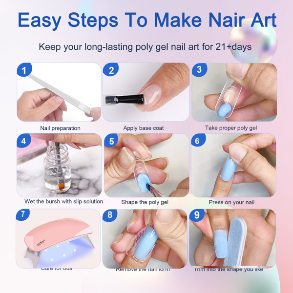 6 PCS Polygel Nail Kit With UV Nail Lamp, Slip Solution, Top Base Coat, Builder Nails Art Tools for Beginners