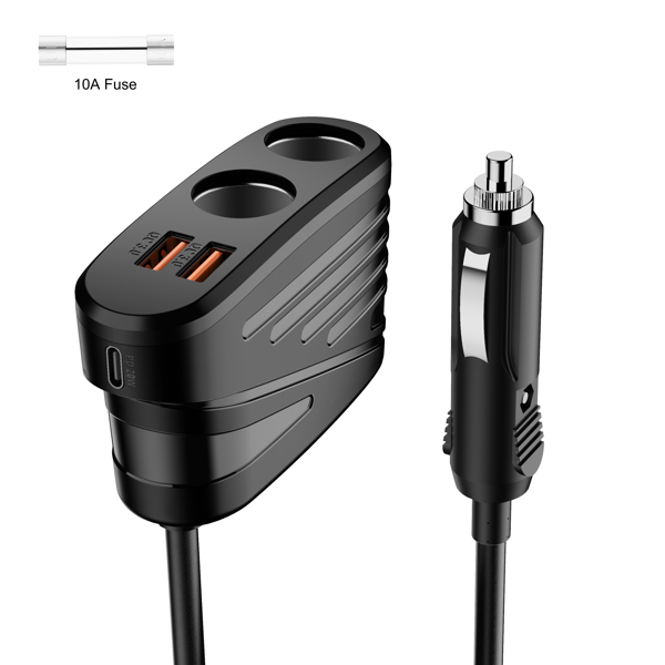Car Charger 120W 2-Way Cigarette Lighter Splitter 12V Power Adapter Socket Extension With Dual USB