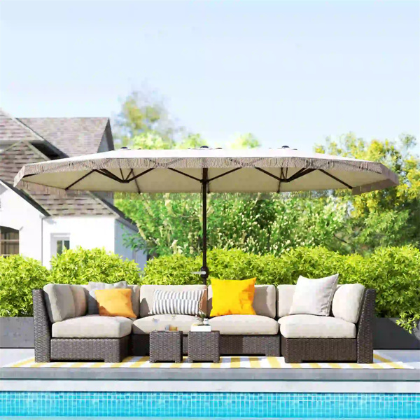15ft Cream White  Patio Umbrella UPF30+ Outdoor Umbrella with Fringe and Crank Handle