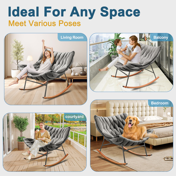 Outdoor Rocking Chair, Patio Egg Rocking Chair, Indoor Papasan Rattan Wicker Lounge Chair for Patio, Porch, Garden, Living Room, Gray
