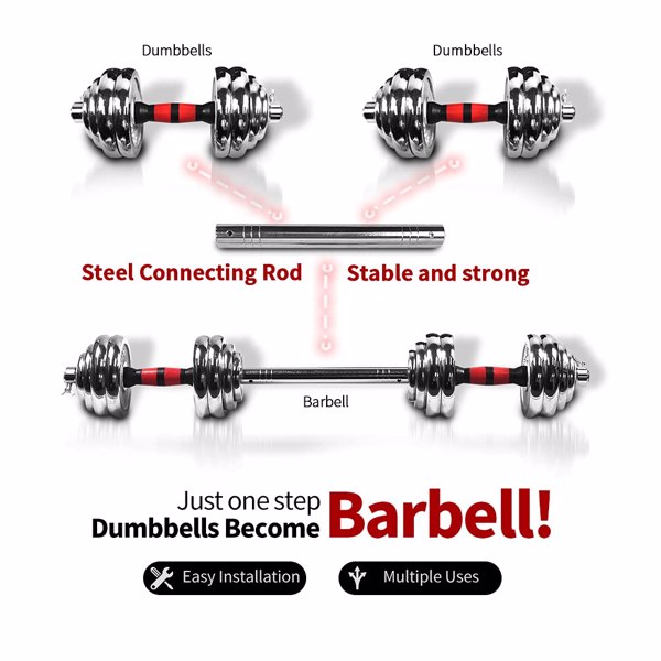 44Lbs Adjustable Dumbbell Set With 3 in 1 Dumbbell Barbell Metal Connecting Rod, Chromed Weights, Hardcover Gift Box, Home Gym Exercise Training Equipment