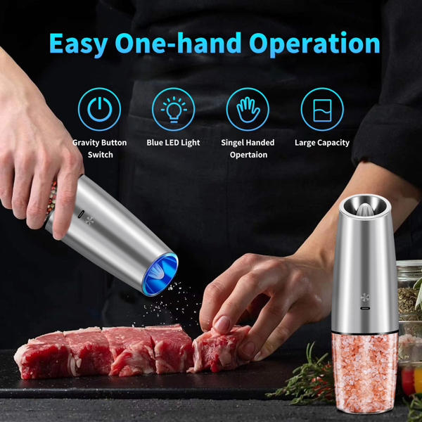 Electric Salt and Pepper Grinder Set, Saicefe USB Rechargeable Salt and Pepper Mill & Adjustable Coarseness, Automatic Salt Grinders Spice Shakers with LED Light, One Hand Operation (亚马逊物流  禁售沃尔玛平台)
