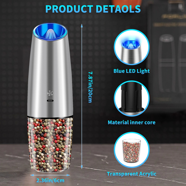 Electric Salt and Pepper Grinder Set, Saicefe USB Rechargeable Salt and Pepper Mill & Adjustable Coarseness, Automatic Salt Grinders Spice Shakers with LED Light, One Hand Operation (亚马逊物流  禁售沃尔玛平台)