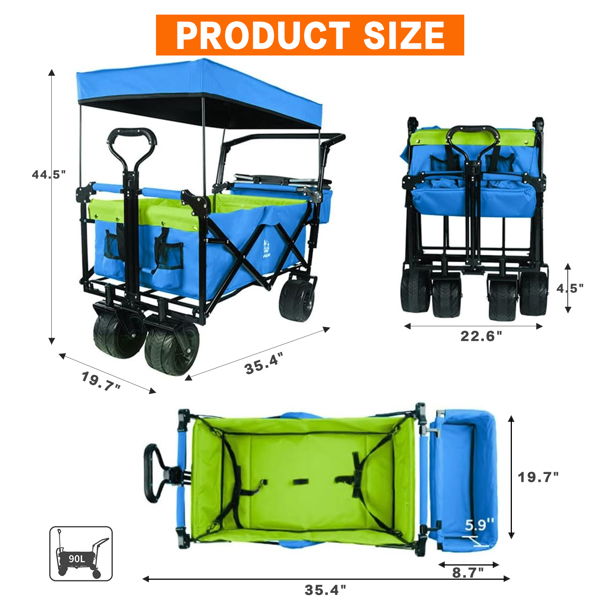 Foldable Wagon with Removable Canopy & Cooler Bag - Heavy Duty Collapsible Wagon Utility Cart with 4