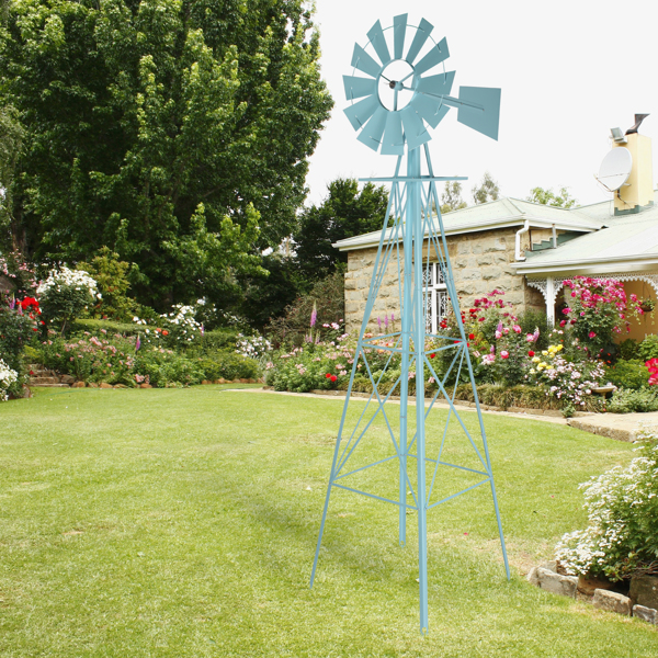 8FT Weather Resistant Yard Garden Windmill Blue