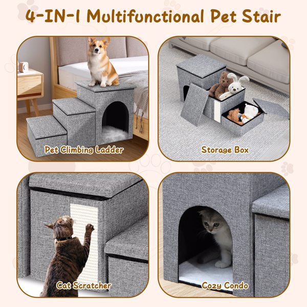 Dog Stairs for Bed and Couch 42cm H, Foldable Dog Stairs for Small Older Dogs Cats, 4 in 1 Adjustable Pet Cat Stairs Steps with Storage, Dog Ramps with Condo, Cat Scratcher, Hold Up to 180LBS