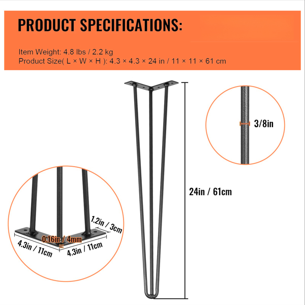 24 Inch Heavy-Duty Hairpin Table Legs 4-Pack - 880 lb Total Capacity (220 lb Each) - 3-Bar Carbon Steel Construction for Dining Table, Long Desk & Chairs - DIY Furniture Legs in Black Matte Finish