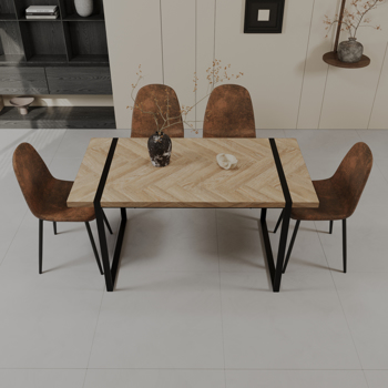 59\\" MDF light wood dining table and modern dining chair set of 4 pieces, medieval wooden kitchen dining table set, black rectangular metal base, dining table and suede chair set 